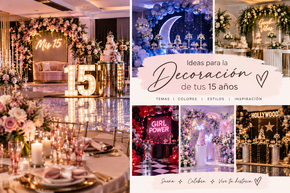 Salón decorado para fiesta de 15 años con globos y luces
