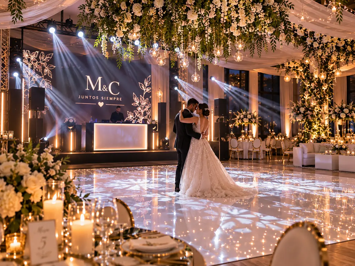 Pista de baile iluminada en una recepción de boda
