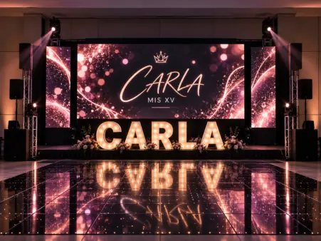 Pantalla gigante LED montada en un evento social con invitados mirando