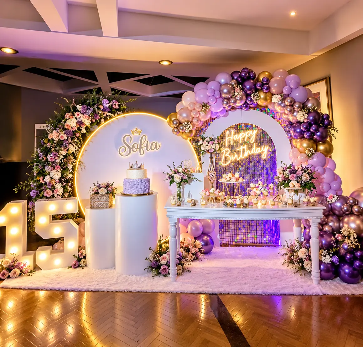 Decoración elegante para fiesta de 15 años con globos, flores, iluminación y detalles personalizados, creando un escenario mágico e inolvidable para celebrar esta fecha especial.