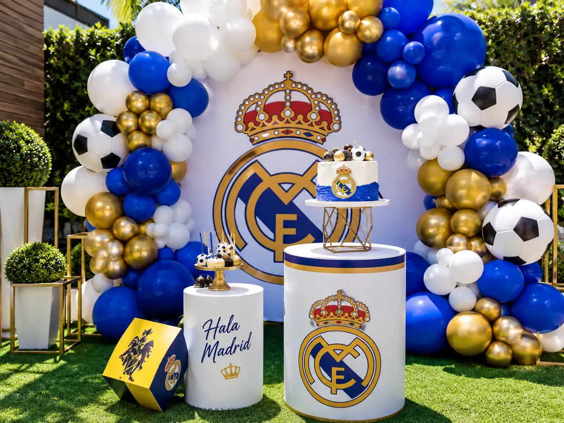 Decoración de cumpleaños temática del Real Madrid FC, con globos en azul, blanco y dorado, detalles futboleros, pastel personalizado y un espectacular escenario inspirado en el club. Una propuesta llena de pasión, estilo y personalidad para celebrar un cumpleaños inolvidable.